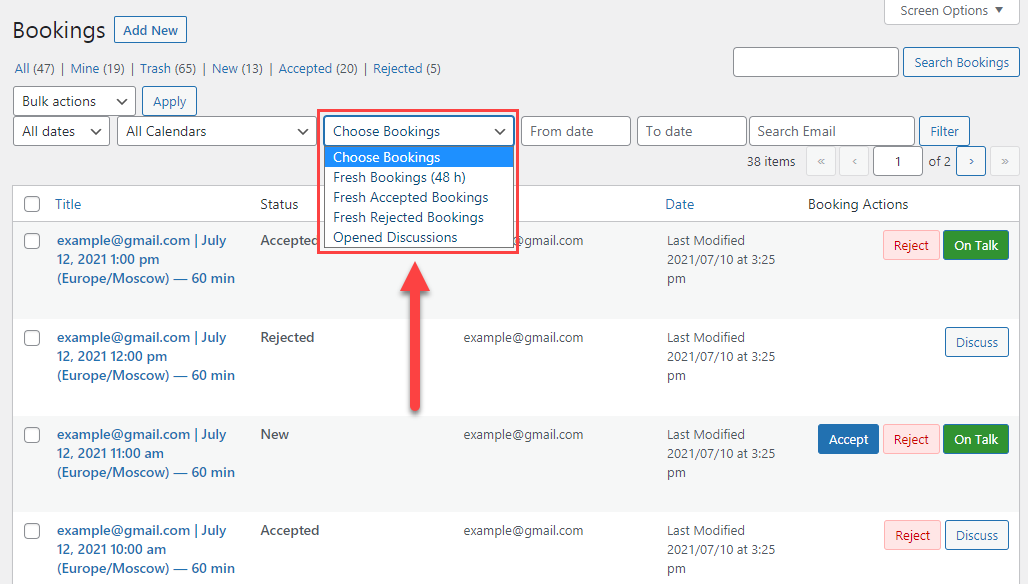 Bookings filter - WordPress Plugin for Scheduling Consultations