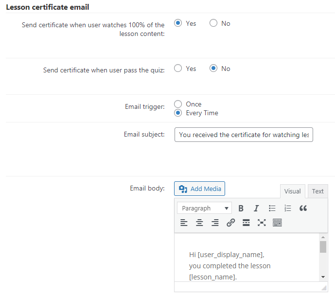 Lesson Certificate Email Settings - WordPress Video Lessons Plugin