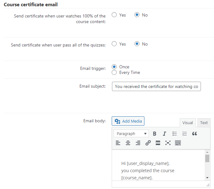 Course Certificate Email Settings - LMS in WordPress