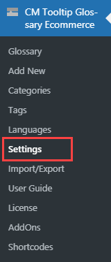 Navigation to the plugin settings - Glossary Plugin WordPress