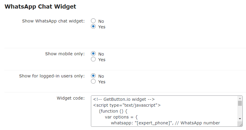 WhatsApp Chat Widget settings - WordPress Employee Directory