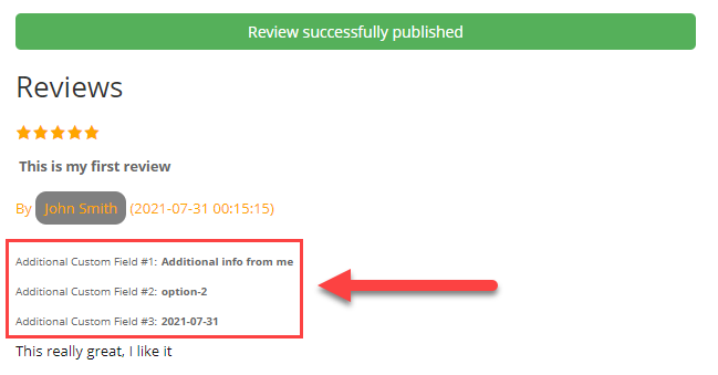 Example of the published review with custom fields - WordPress Rating System