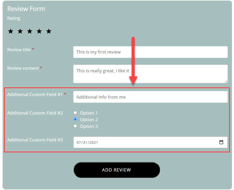 Example of the review form with custom fields - Product Review WordPress Plugin