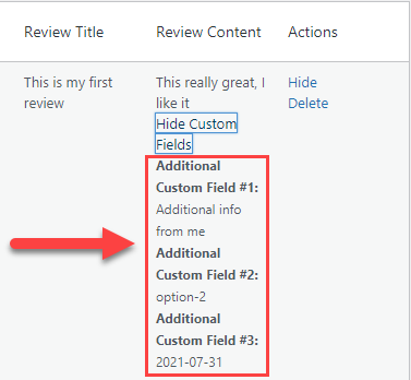 Custom fields in the back-end dashboard for managing reviews - Customer Reviews Plugin