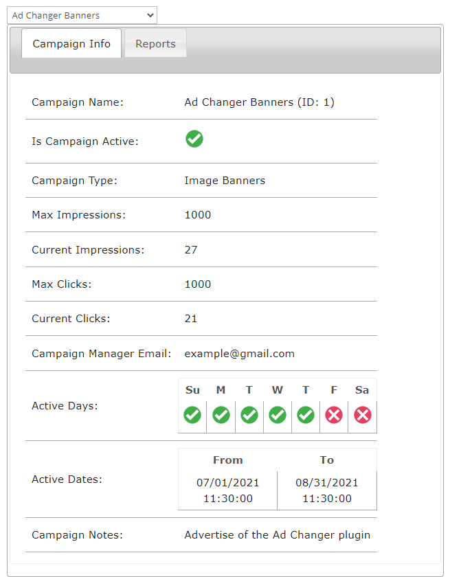 Customer Dashboard - campaign info - WordPress Advertising Plugin