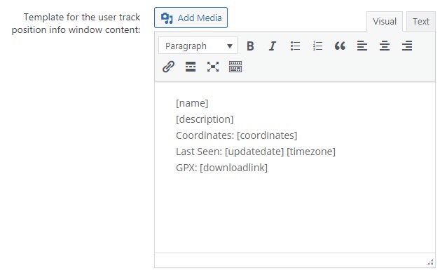 Template for the user track position info window content - WordPress Interactive Map Plugin