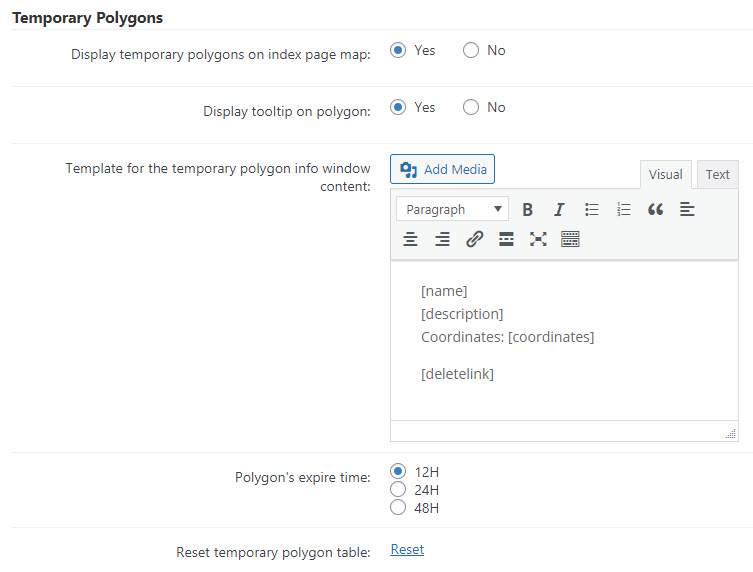 Temporary polygons settings - Maps Plugin