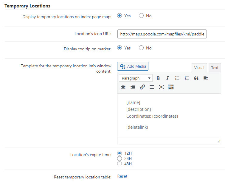 Temporary locations settings - Maps WordPress Plugin