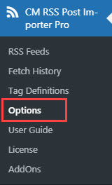 Navigation to the plugin options - RSS Importer WordPress