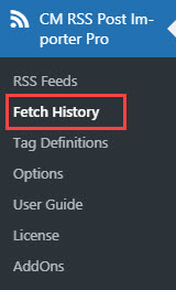 Navigation to the Fetch History page - RSS Importer WordPress