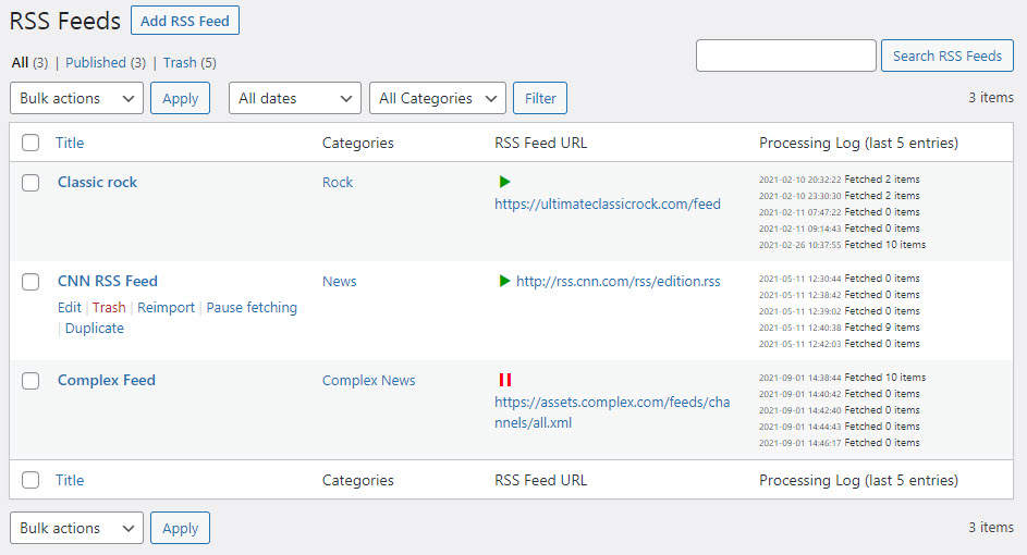 Dashboard for managing RSS feeds - RSS Feed Importer WordPress Plugin