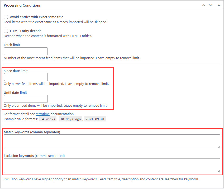 Dates and keywords filters - WordPress RSS Multi Importer Plugin