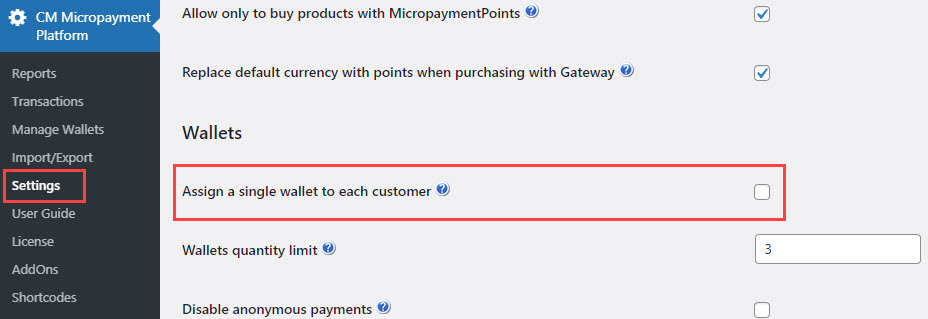 The option that allows to assign only one wallet per each user - WordPress Point System