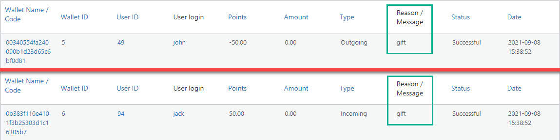 Checking the points transfer comment in the MicroPayments dashboard - WordPress Wallet Plugin