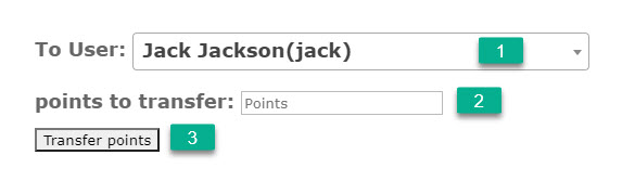 The form for sending points to another user chosen from the dropdown list - Points and Rewards Plugin