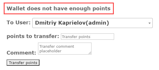 Warning message about lack of points in the user wallet - Points and Rewards Plugin