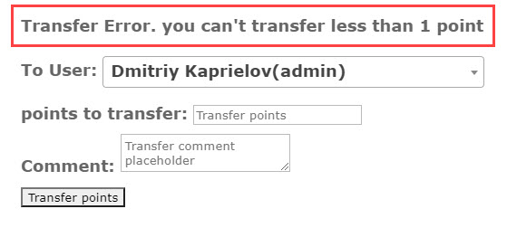 Error message about incorrect amount of points for a transfer - WordPress User Wallet Credit System