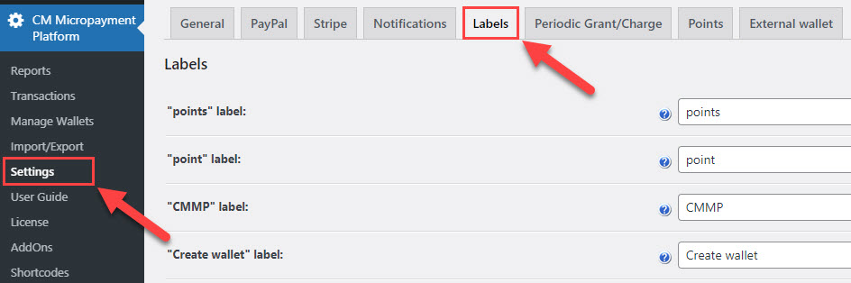 Labels tab - WordPress MicroPayments