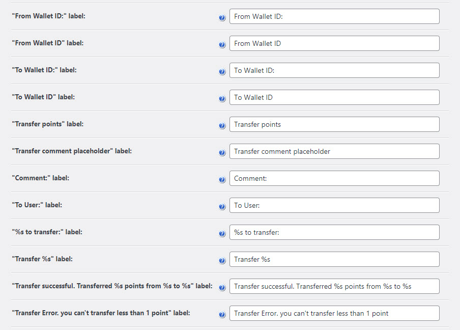 Labels settings - WordPress Wallet Plugin
