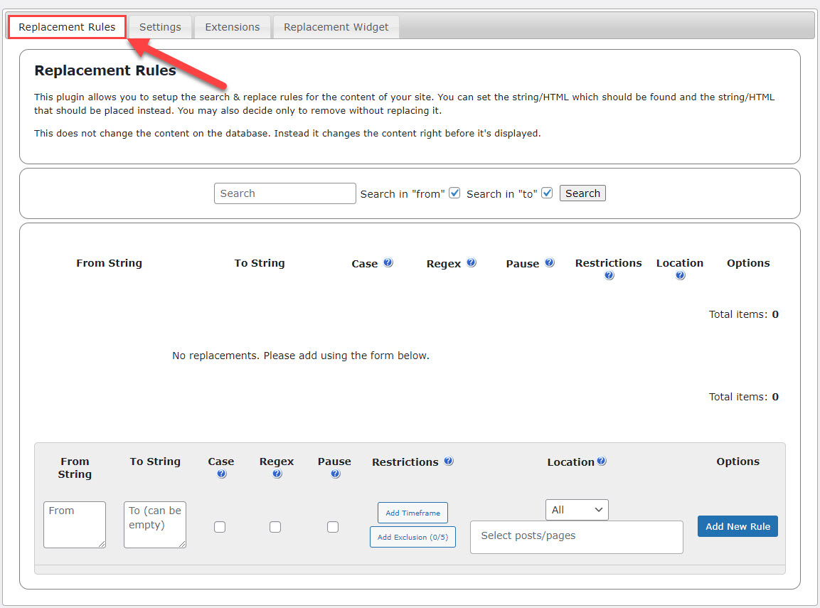 Dashboard for managing replacement rules - WordPress Plugin to Mass Replace Links