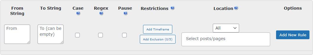 Form for creating a replacement rule - Mass Replace Text in WordPress