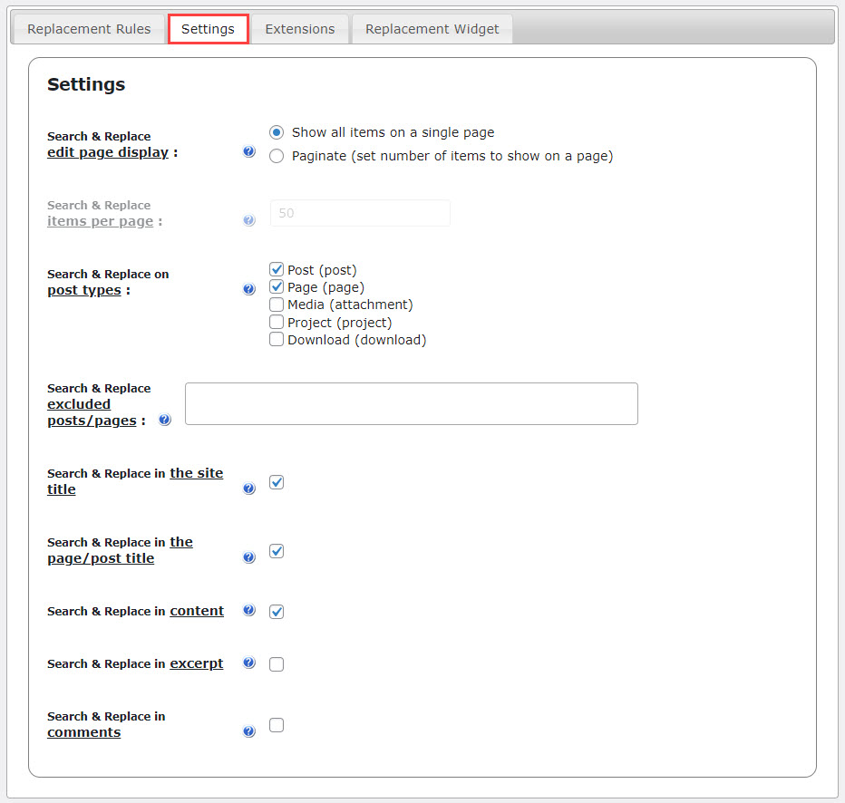 General plugin settings - Find and Replace Plugin WordPress