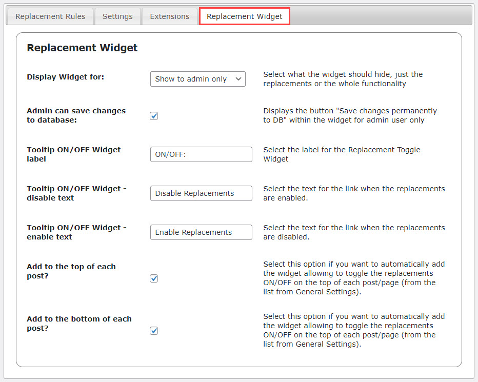 Replacement widget settings - WordPress Plugin to Mass Replace Links