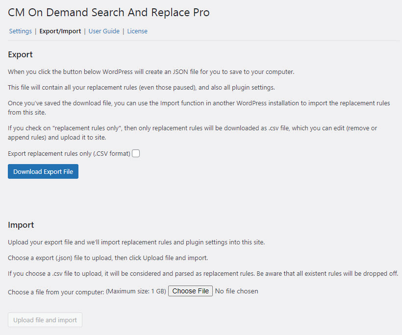 Export and import settings - Find and Replace Plugin WordPress