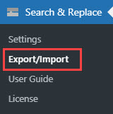 Navigation to the export and import settings - WordPress Plugin Search Database and Replace