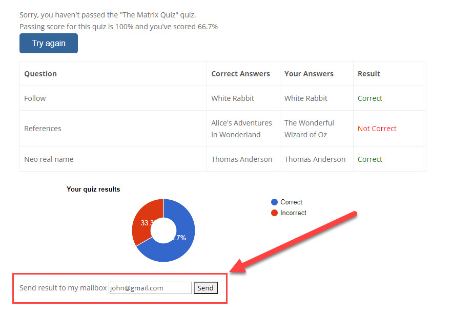 Option for sending quiz result by email - Questionnaire Plugin WordPress