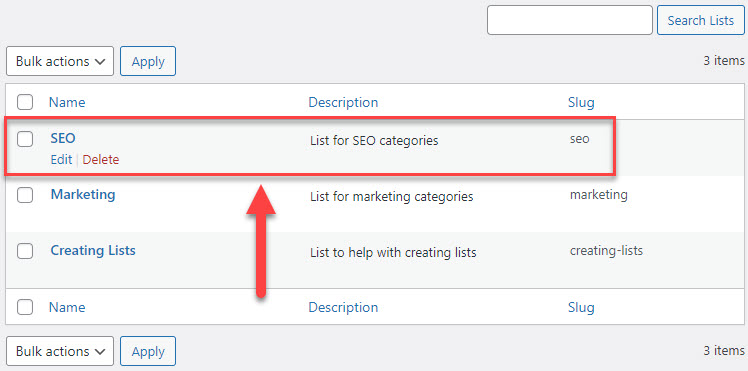 Managing created lists - Knowledge Base WordPress Plugin