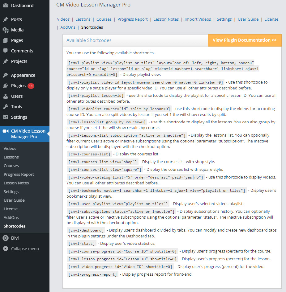 Plugin shortcodes - WordPress Video Course Plugin
