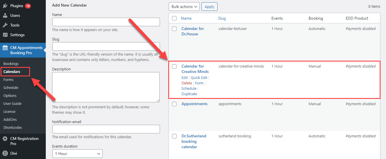 Editing the calendar - WordPress Calendar Booking Plugin