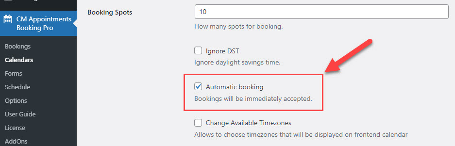 Enabling automatic booking - Appointment Scheduling Plugin WordPress