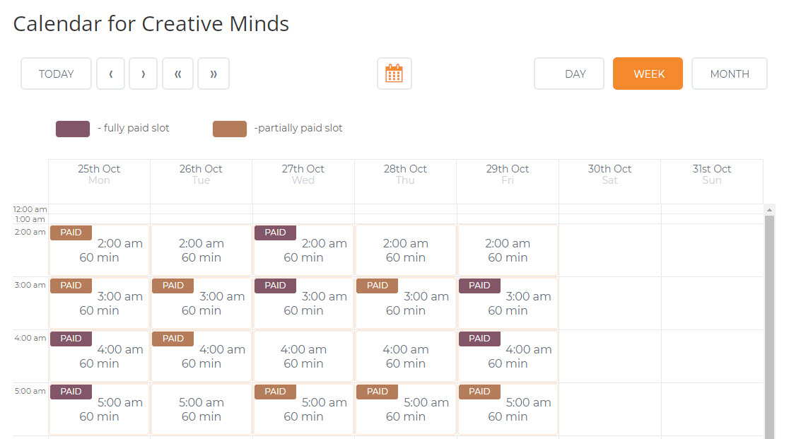 Example of fully and partially paid slots on the front-end - Appointment Booking Calendar