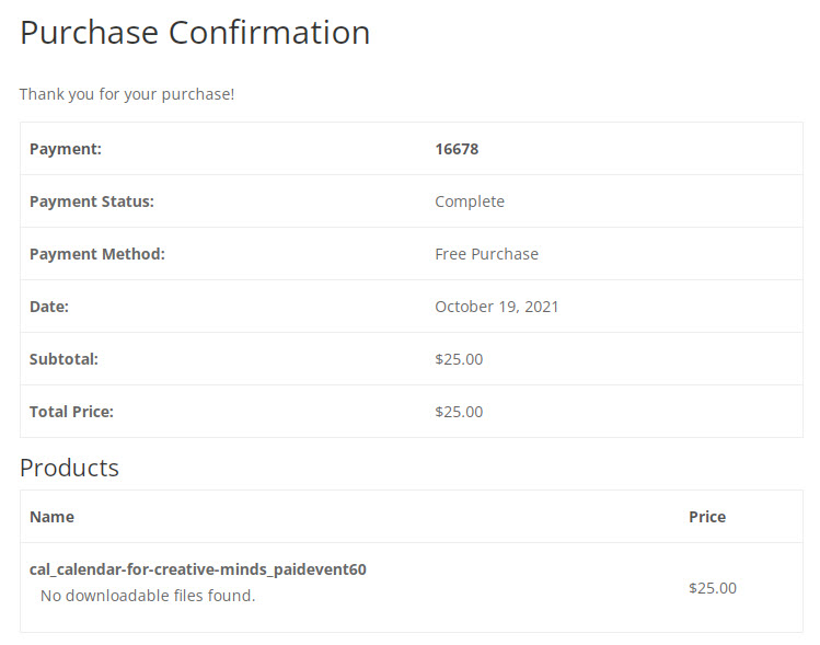 Example of the purchase confirmation - Event Booking Calendar WordPress Plugin