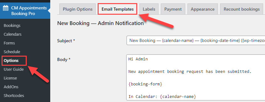 Email templates settings - Best WordPress Scheduling Plugin