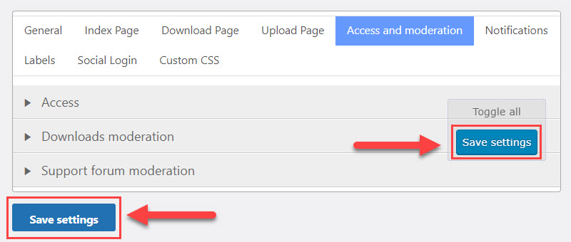 Saving settings - WordPress Download Area