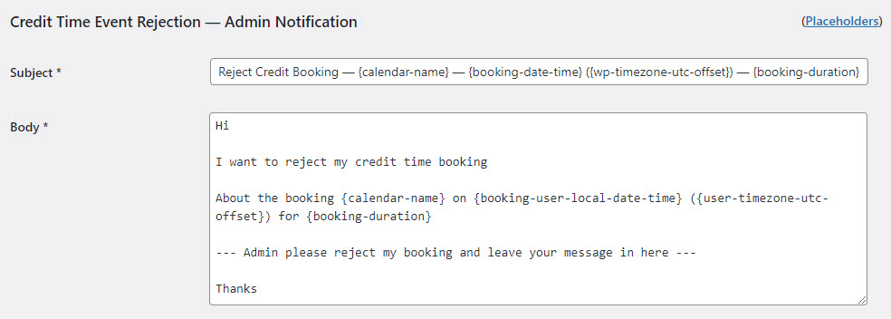 Credit time event rejection email template - Appointment Booking Calendar