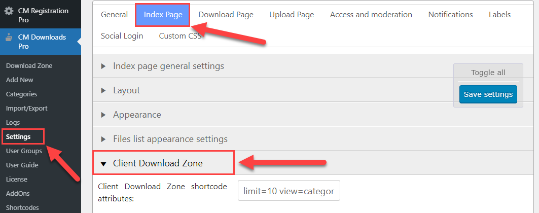 Cliend Download Zone settings - WordPress Client Zone