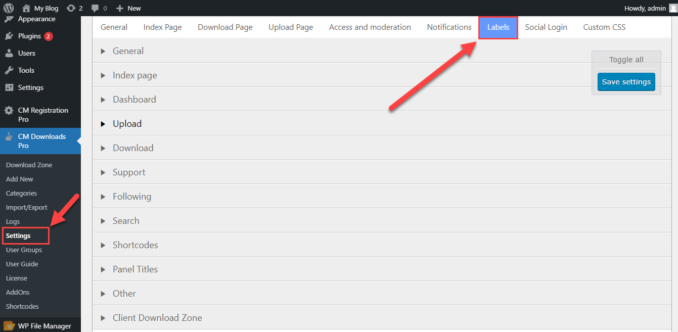 Labels settings - WordPress Customer Portal Plugin