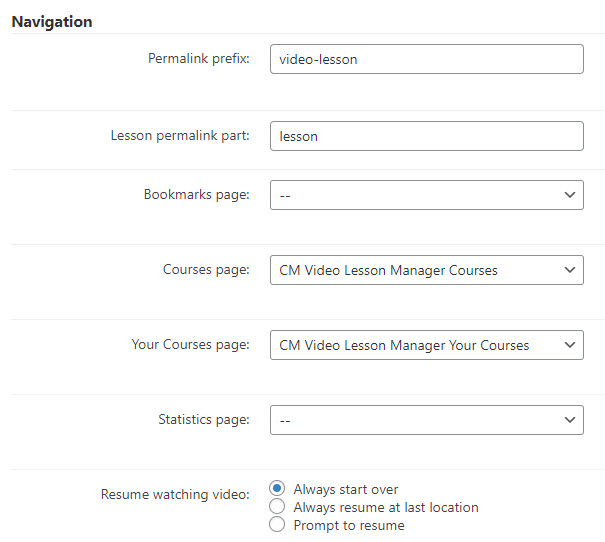 Navigation settings - Online Course WordPress Plugin