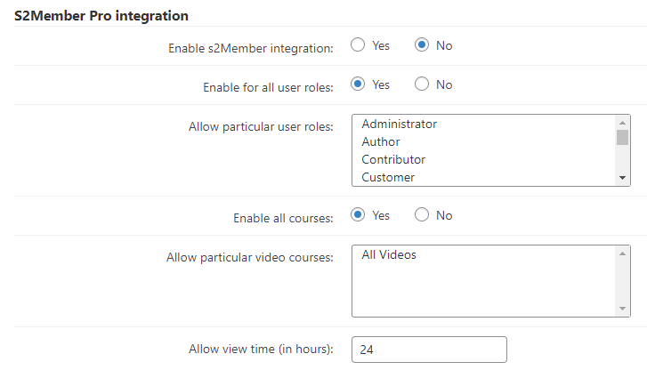 S2Member integration settings - WordPress Video Course Plugin