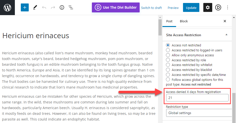 Post metabox for overriding global restriction settings - WordPress Restrict Content