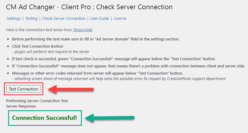 Testing the server connection - WordPress Ad Management Plugin