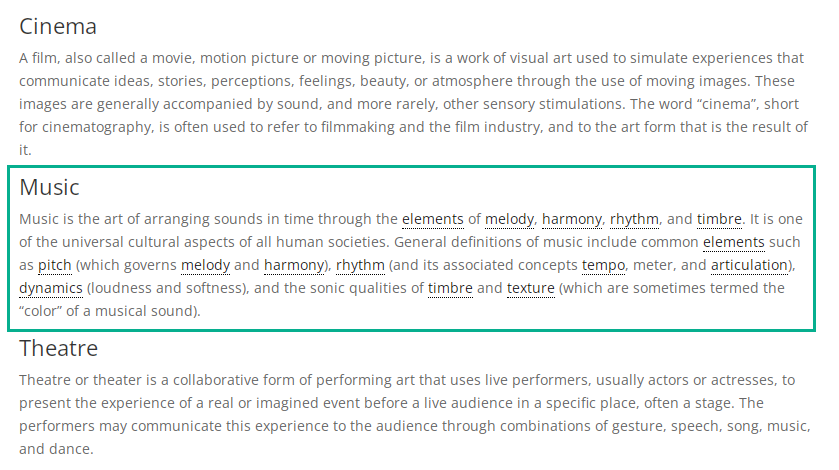 Result: only terms that belong to the category 'Music' are highlighted in the post - WordPress as a Wiki