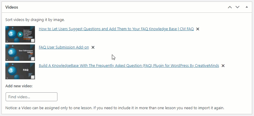 Changing the order of videos on the lesson - WordPress Video Lessons Manager Plugin