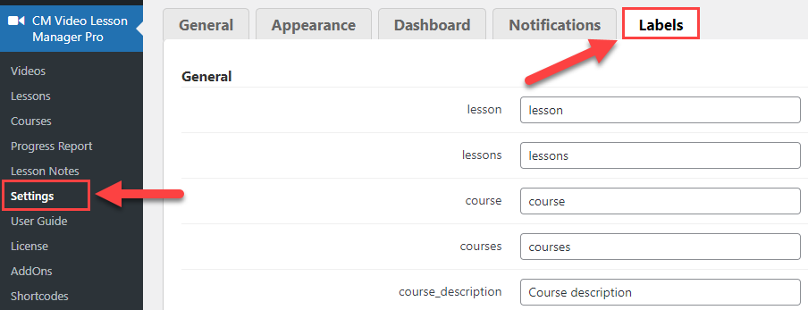 Labels settings - Online Course WordPress Plugin