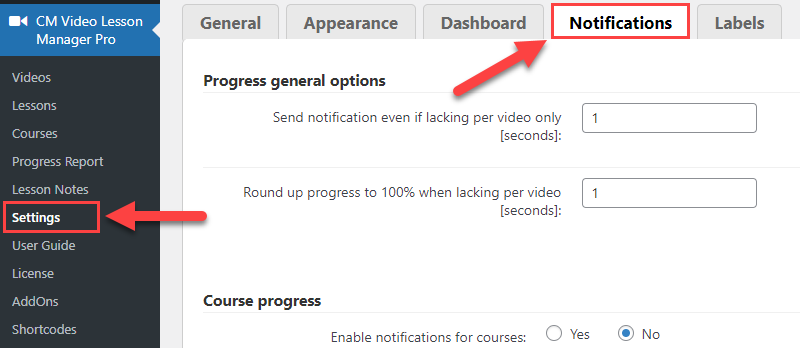 Notifications settings - WordPress Video Lessons Plugin