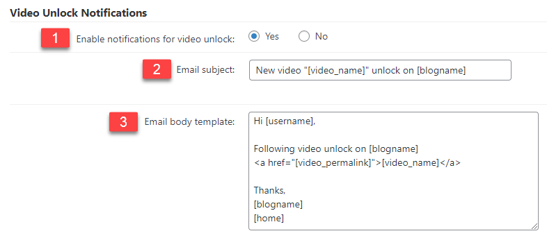 Email template for notifying about unlocking videos - LMS in WordPress